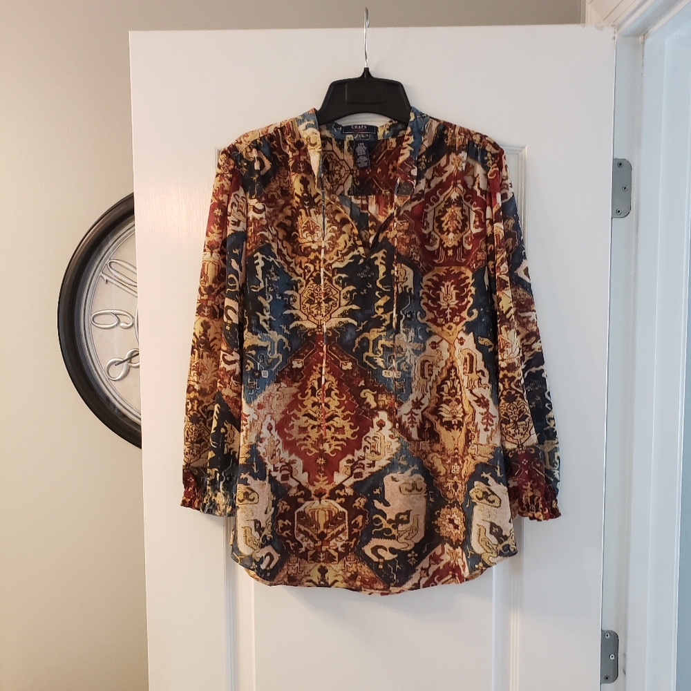 Chaps Pull Over Patchwork Look Blouse With Tie. L - image 3